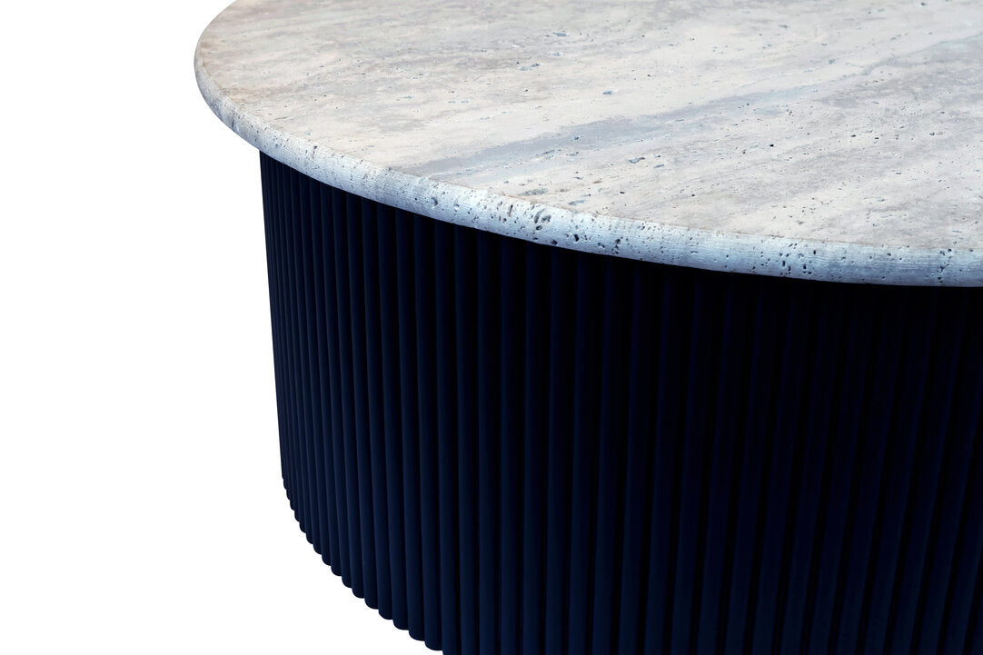 Travertine Top Round Coffee Table for Workspace – Sculptural Stone Table with Black Wood Base
