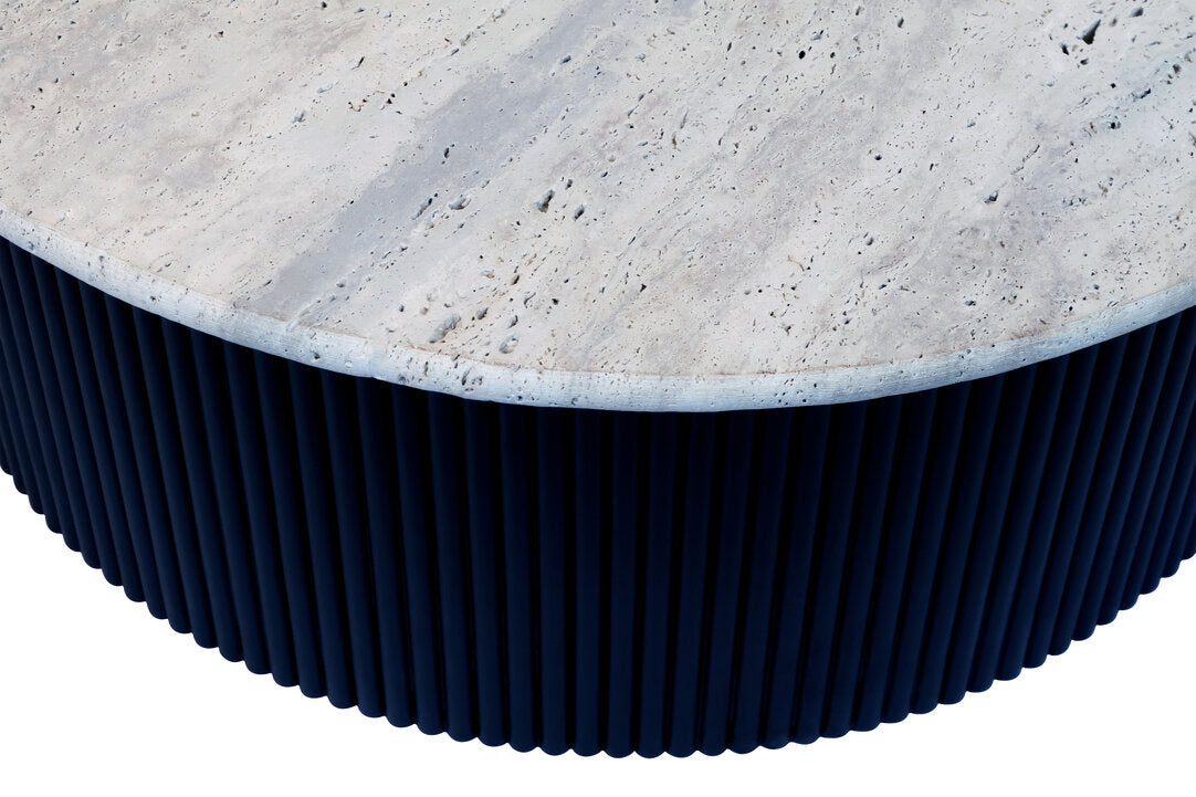 Travertine Top Round Coffee Table for Workspace – Sculptural Stone Table with Black Wood Base