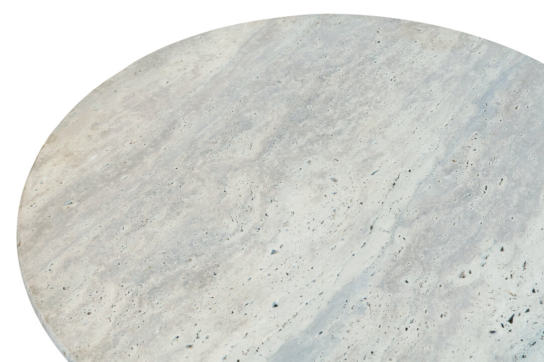 Travertine Top Round Coffee Table for Workspace – Sculptural Stone Table with Black Wood Base