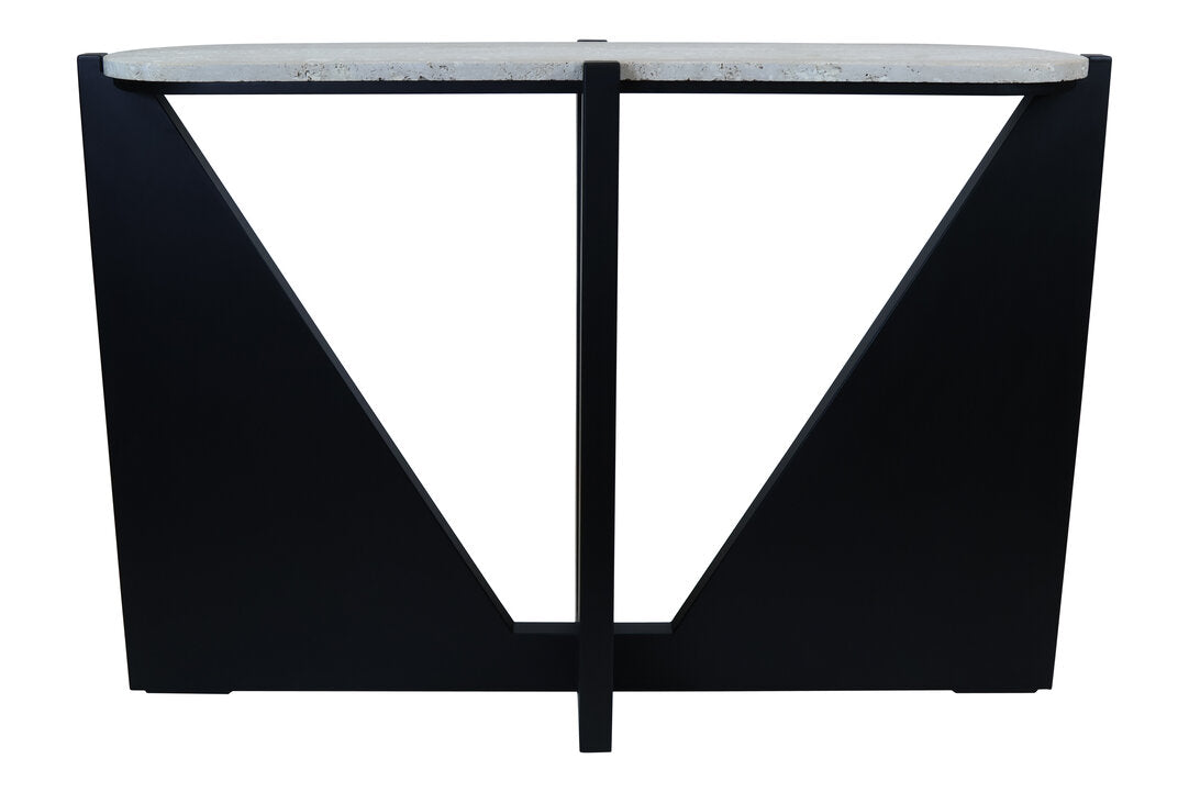 Travertine Top Console Table for Workspace – Modern Console Table with Black Wood Frame