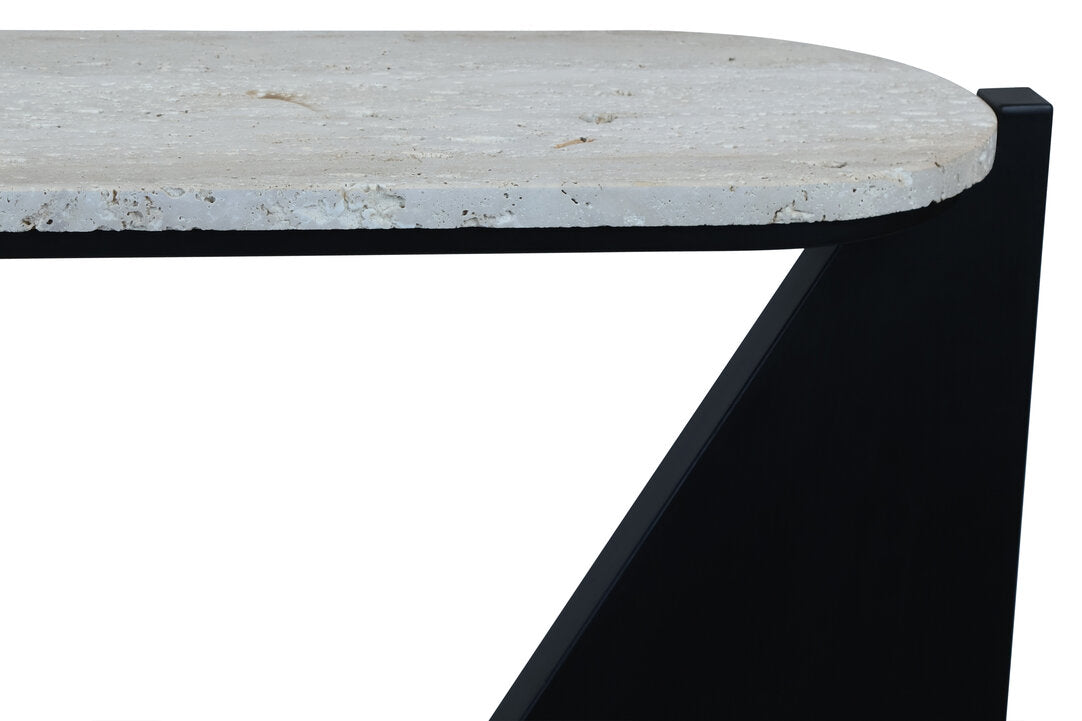 Travertine Top Console Table for Workspace – Modern Console Table with Black Wood Frame