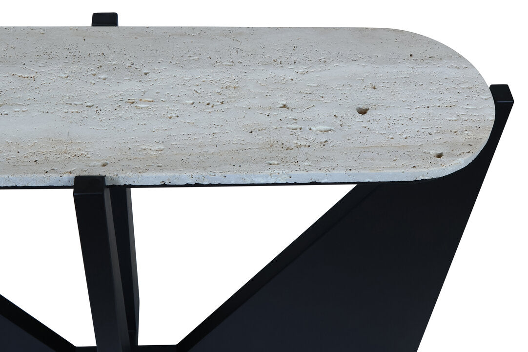 Travertine Top Console Table for Workspace – Modern Console Table with Black Wood Frame