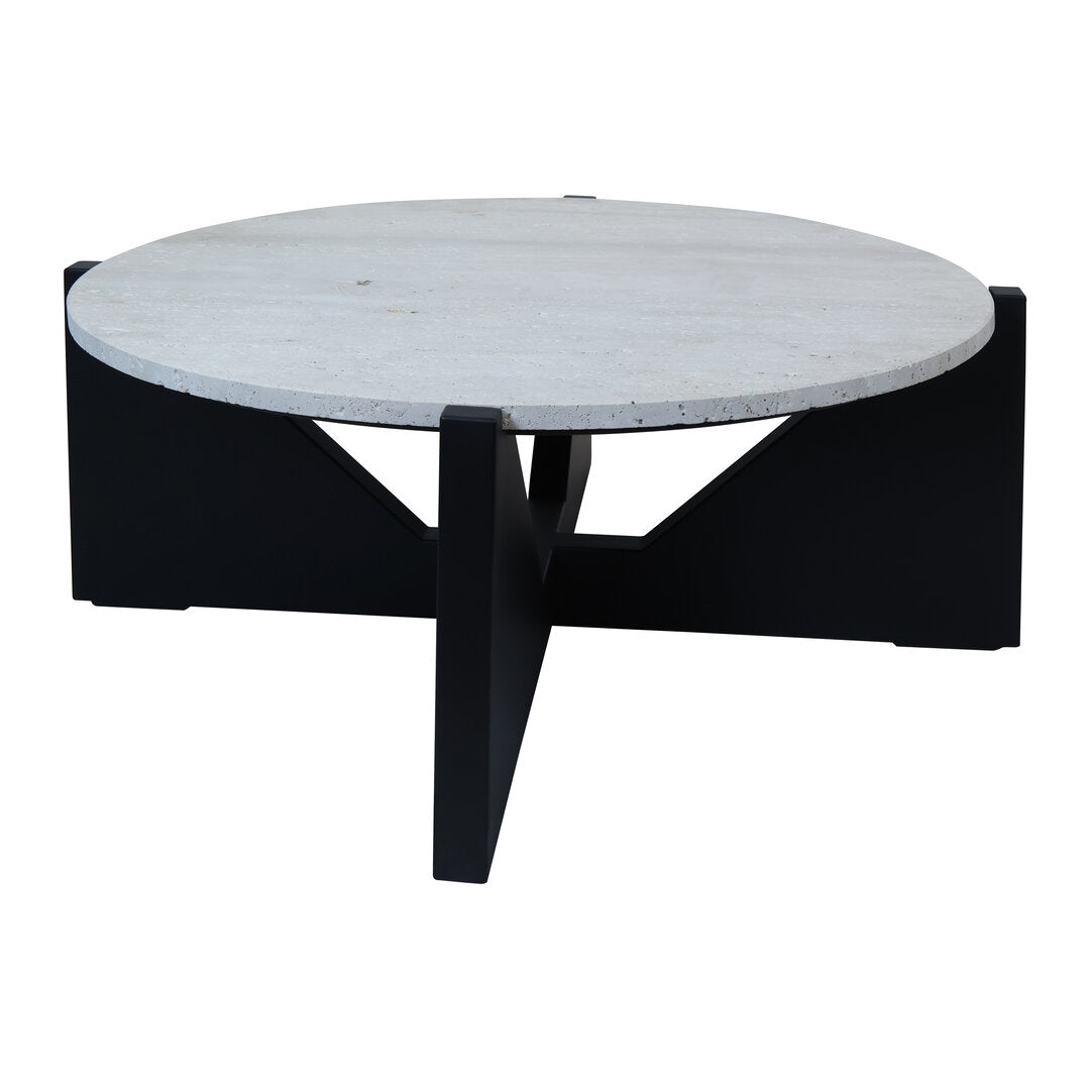 Travertine Top Coffee Table for Workspace – Modern Stone Table with Black Wood Frame