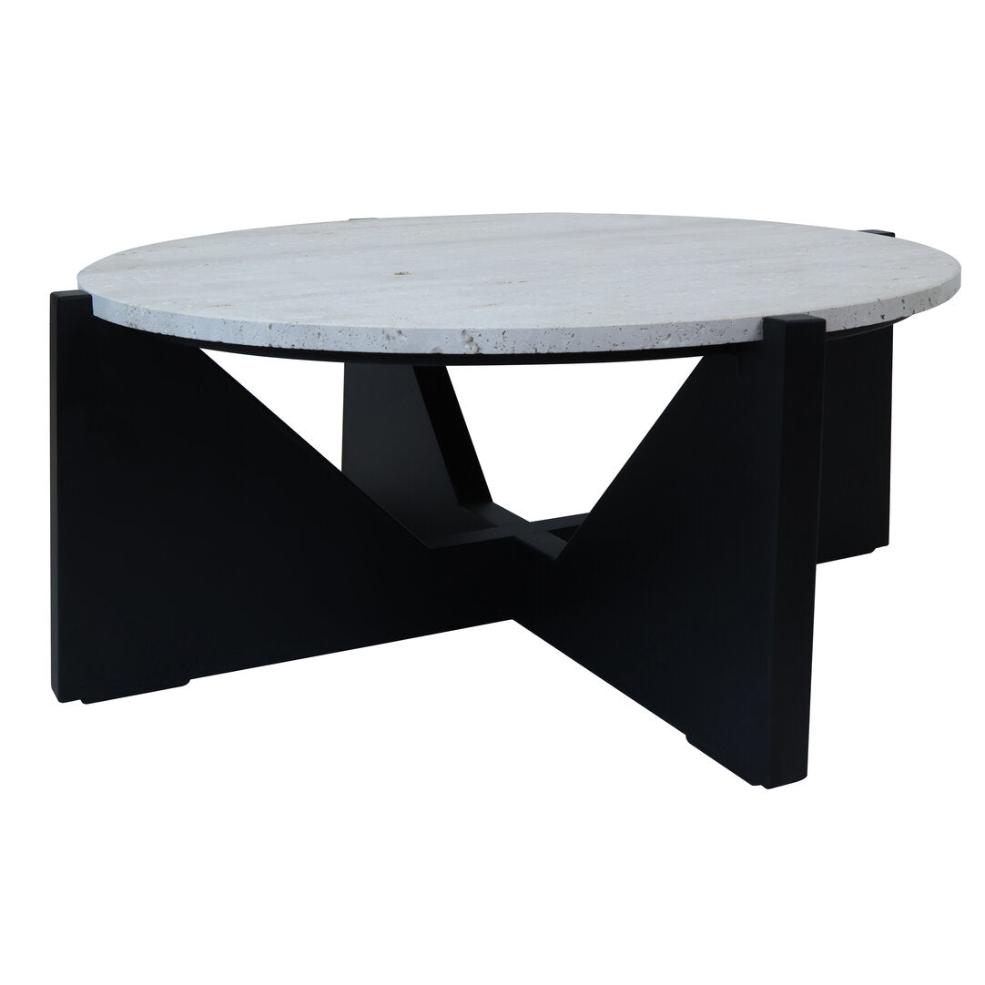 Travertine Top Coffee Table for Workspace – Modern Stone Table with Black Wood Frame