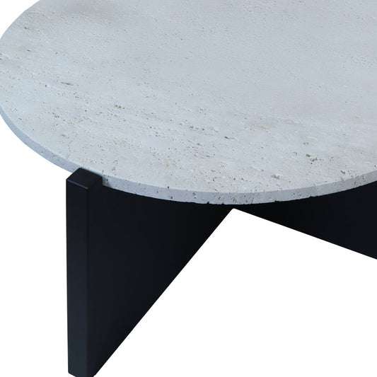 Travertine Top Coffee Table for Workspace – Modern Stone Table with Black Wood Frame