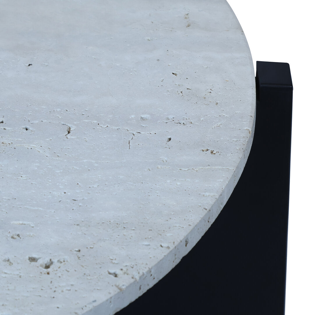 Travertine Top Coffee Table for Workspace – Modern Stone Table with Black Wood Frame