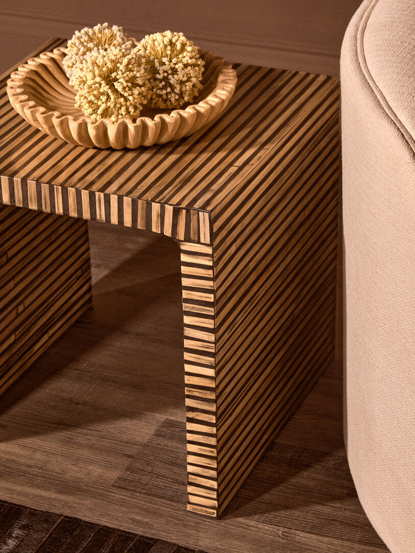 Bamboo Inlay Square Side Table for Workspace – Textured Accent Table with Layered Design