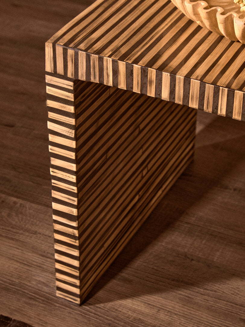 Bamboo Inlay Square Side Table for Workspace – Textured Accent Table with Layered Design