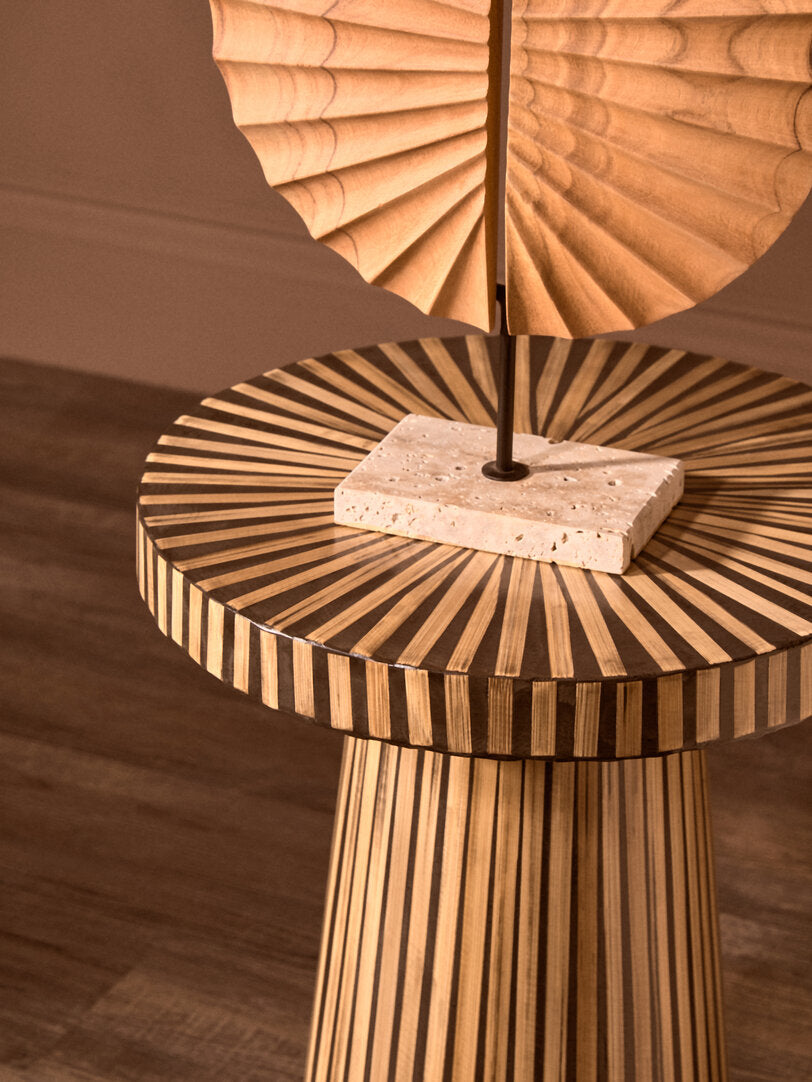 Bambusa Bamboo Inlay Round Side Table for Workspace – Textured Accent Table with Natural Finish