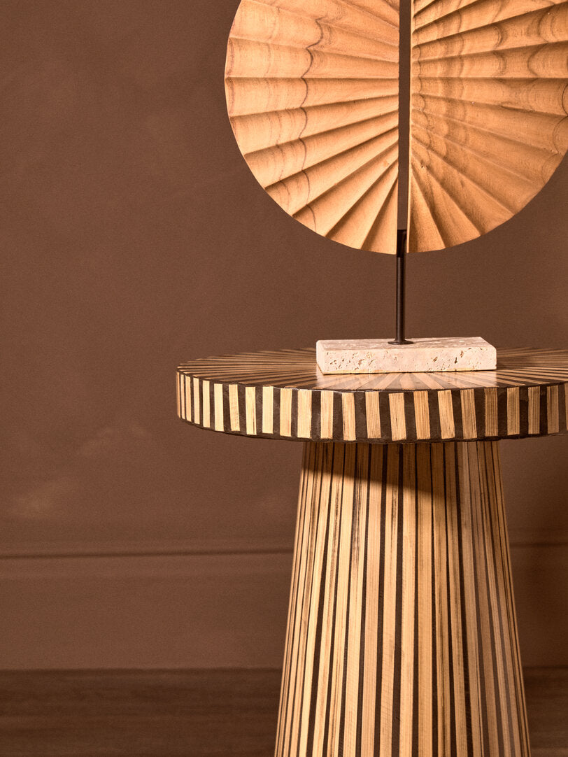 Bambusa Bamboo Inlay Round Side Table for Workspace – Textured Accent Table with Natural Finish