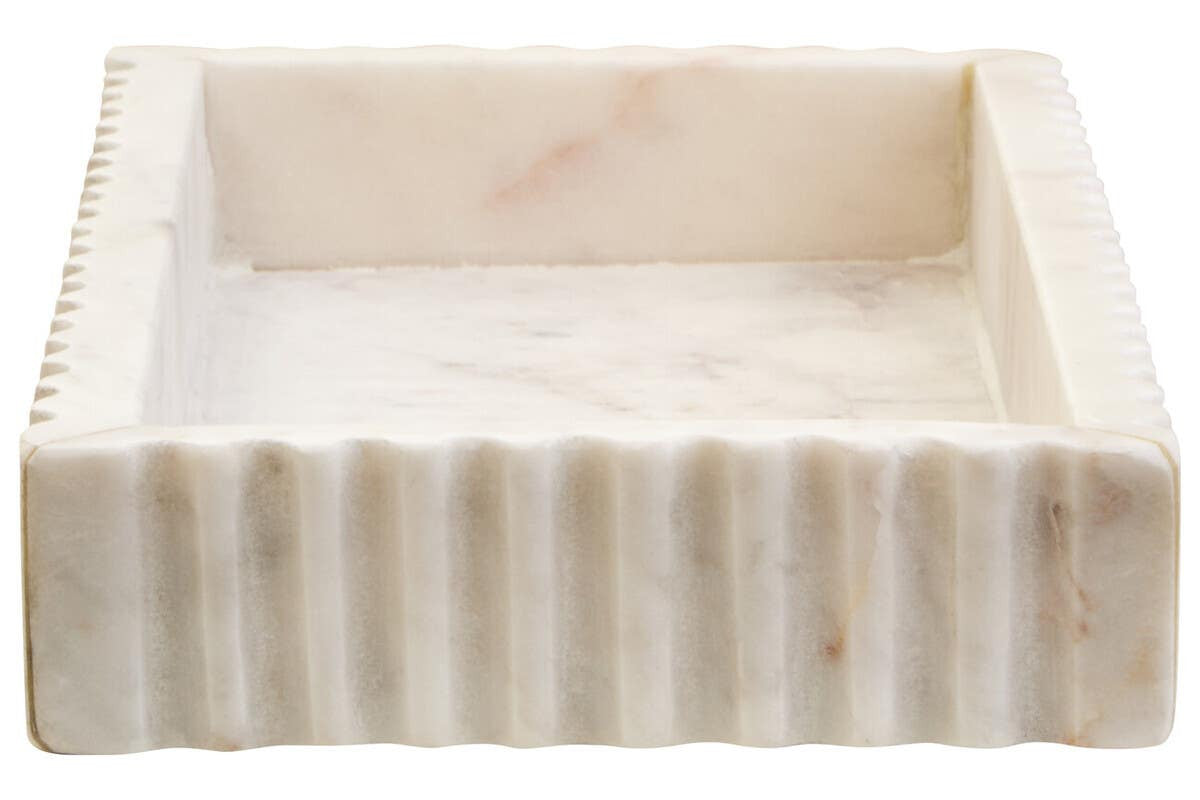 Savio White Fluted Marble Desk Organiser Tray – Sculptural Workspace Storage with Natural Veining