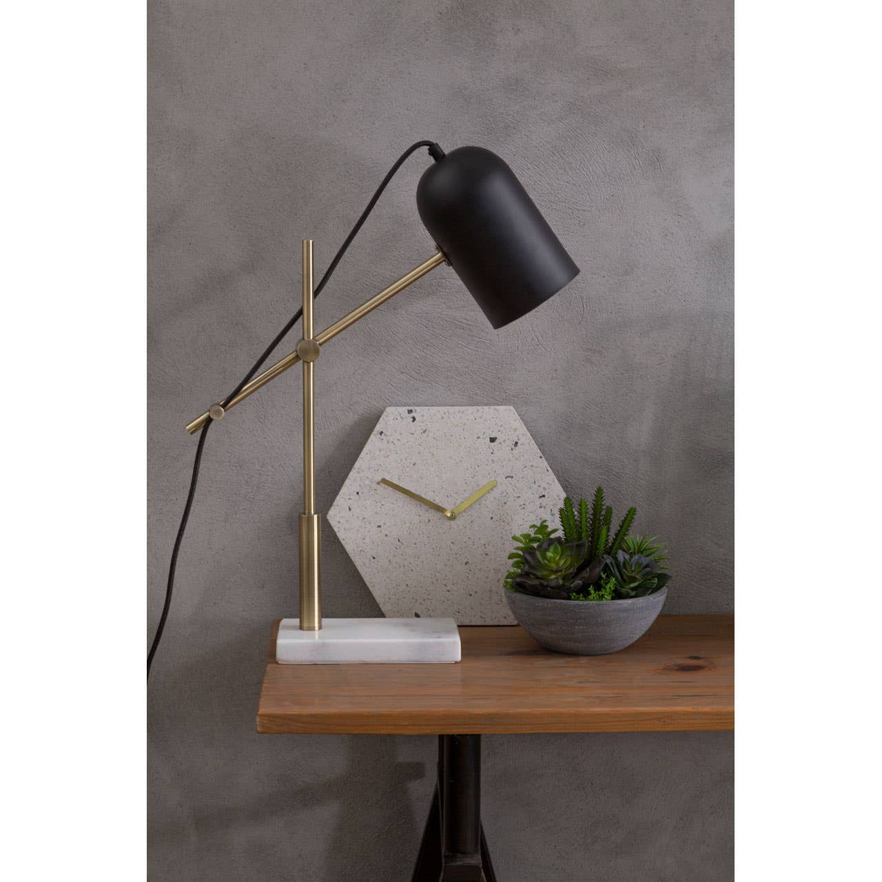 Black & Gold Adjustable Desk Lamp with Marble Base – Refined Workspace Lighting with Material Contrast