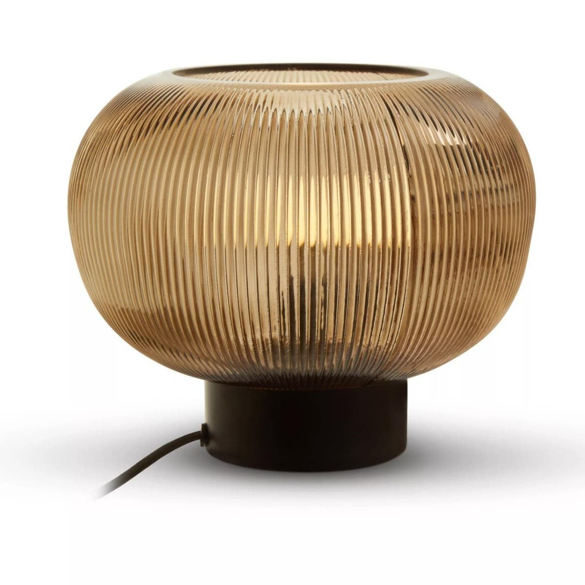 Smoked Glass Table Lamp with Ribbed Shade – Sculptural Workspace Lighting with Black Base