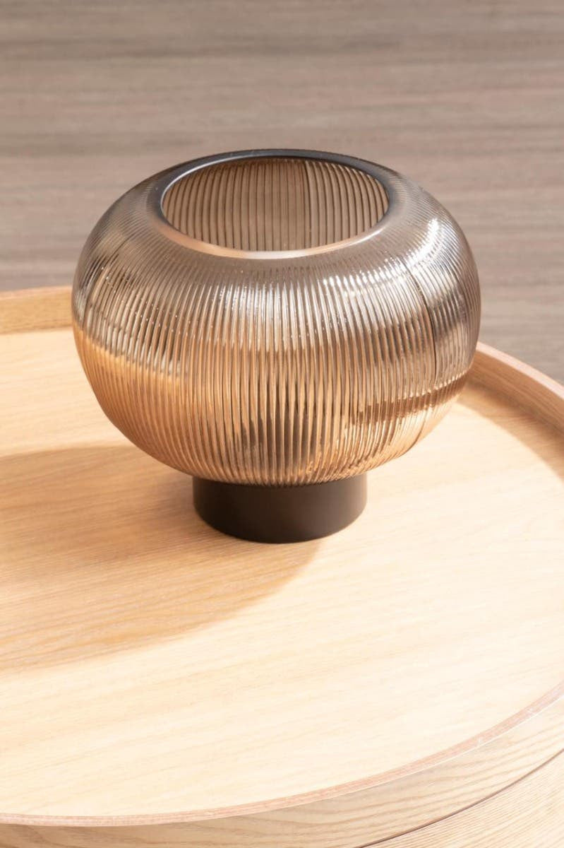 Smoked Glass Table Lamp with Ribbed Shade – Sculptural Workspace Lighting with Black Base