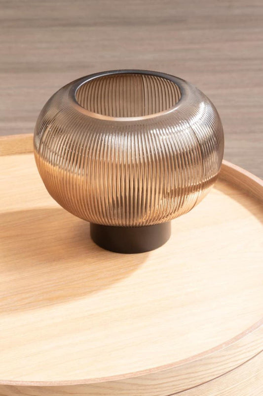 Smoked Glass Table Lamp with Ribbed Shade – Sculptural Workspace Lighting with Black Base