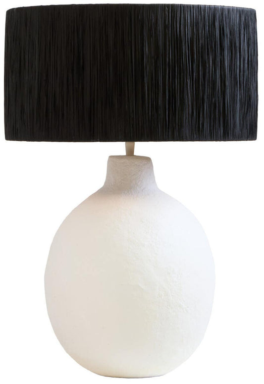 Carta White Papier Mache Table Lamp With Black Raffia Shade