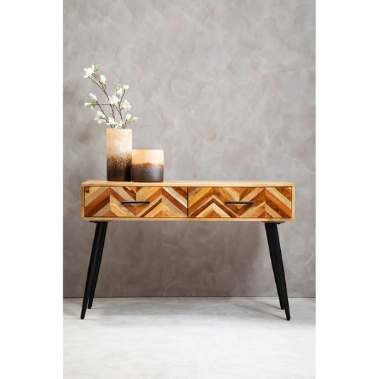 Mango Wood Chevron Console Desk with Drawers – Artisan Workspace Desk with Textured Finish