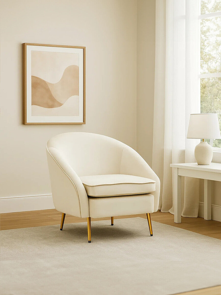 Yasmeen Beige Velvet Accent Armchair with Gold Legs – Modern Boutique Seating for Elegant Interiors