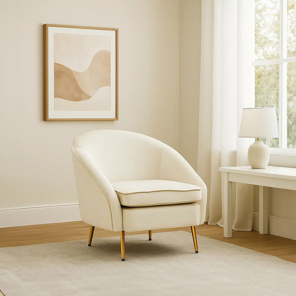 Yasmeen Beige Velvet Accent Armchair with Gold Legs – Modern Boutique Seating for Elegant Interiors