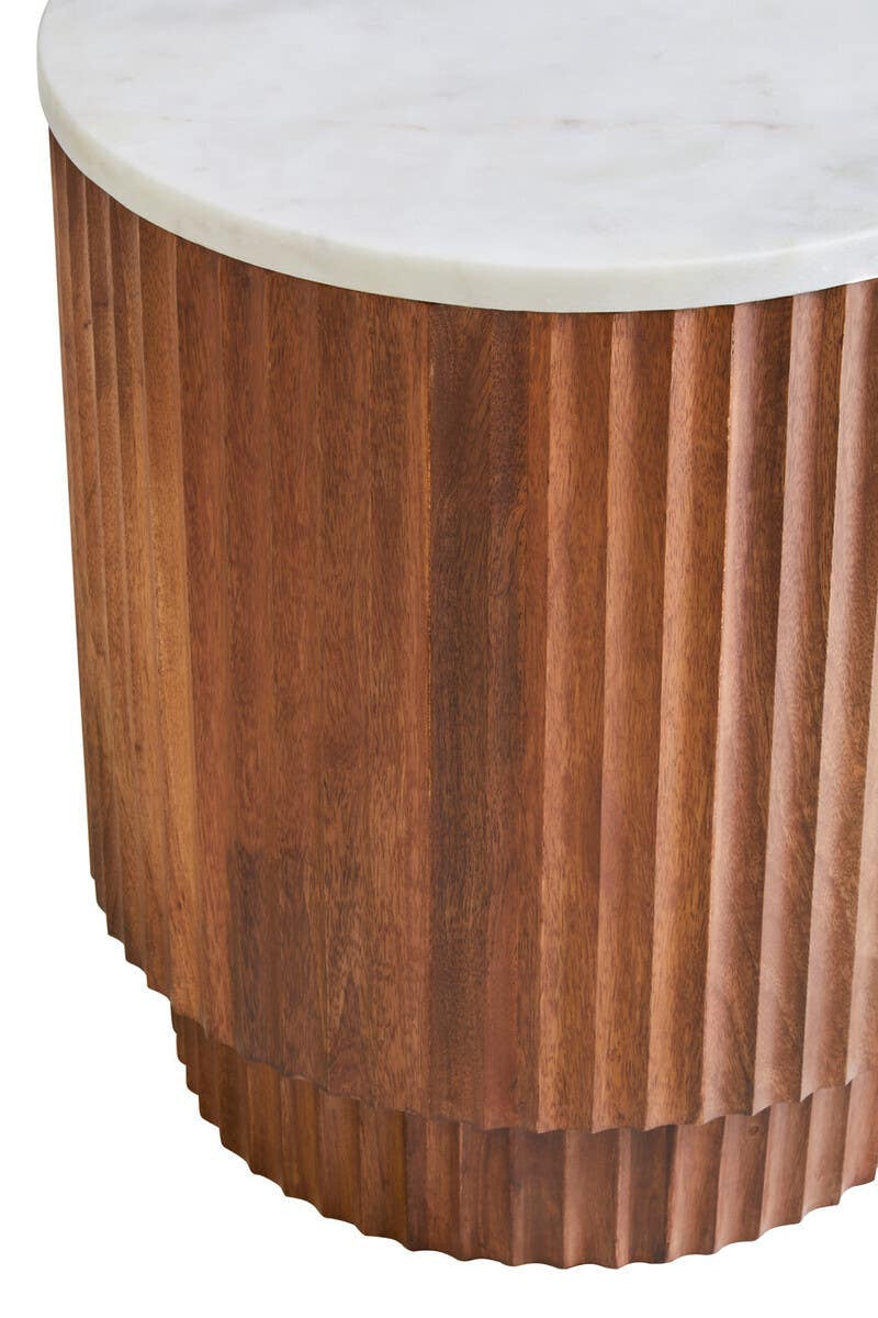 Marble Top Carved Mango Wood Side Table – Sculptural Workspace Accent with Textured Base
