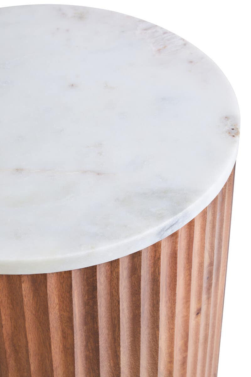Marble Top Carved Mango Wood Side Table – Sculptural Workspace Accent with Textured Base