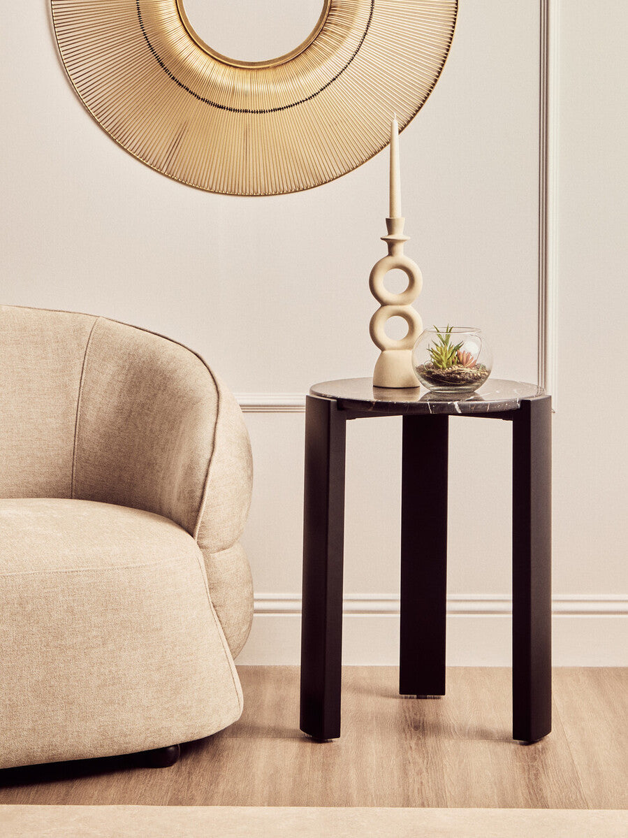 Black Marble Round Side Table – Sculptural Workspace Accent with Natural Stone Top