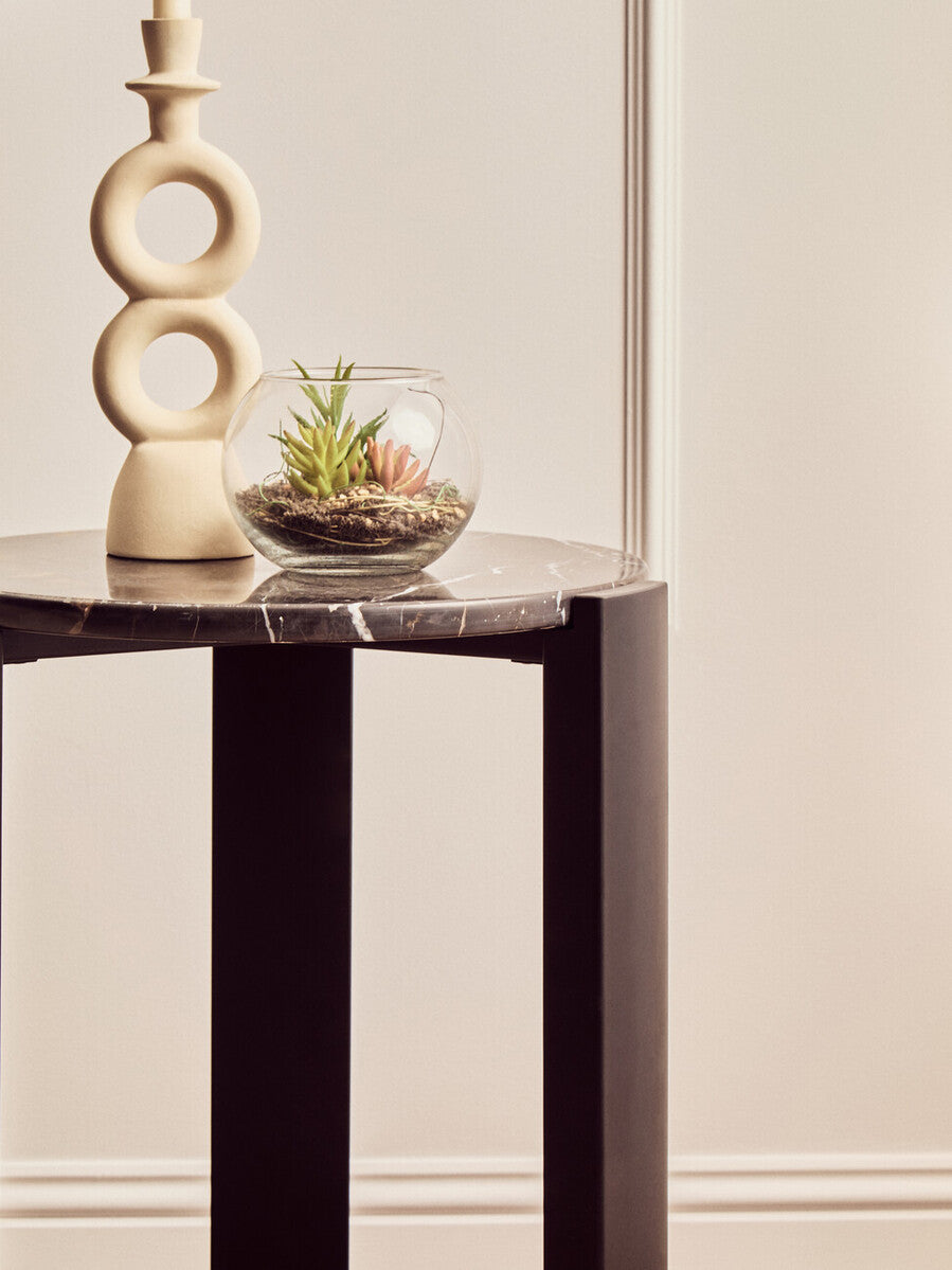 Black Marble Round Side Table – Sculptural Workspace Accent with Natural Stone Top