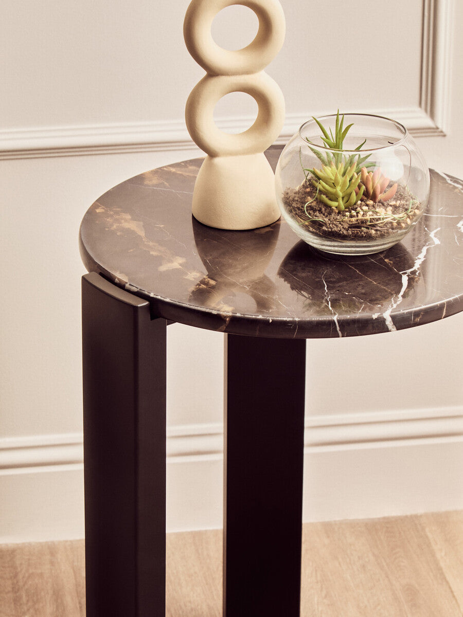 Black Marble Round Side Table – Sculptural Workspace Accent with Natural Stone Top