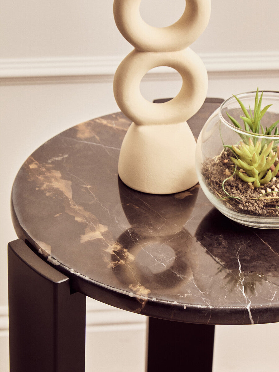 Black Marble Round Side Table – Sculptural Workspace Accent with Natural Stone Top