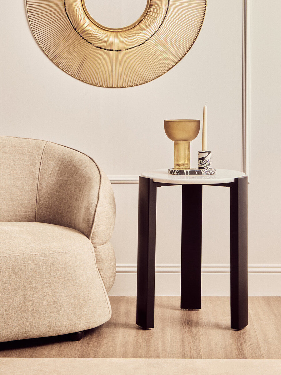 White Marble Round Side Table – Minimal Workspace Accent with Natural Stone Top
