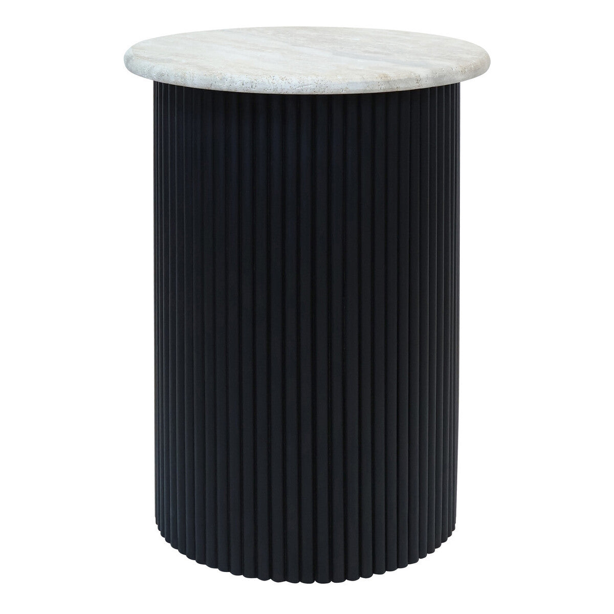 Travertine Top Side Table with Black Acacia Base – Sculptural Workspace Accent with Natural Texture