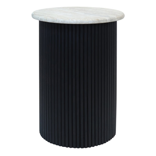 Walton Travertine Top Side Table with Black Acacia Wood Base