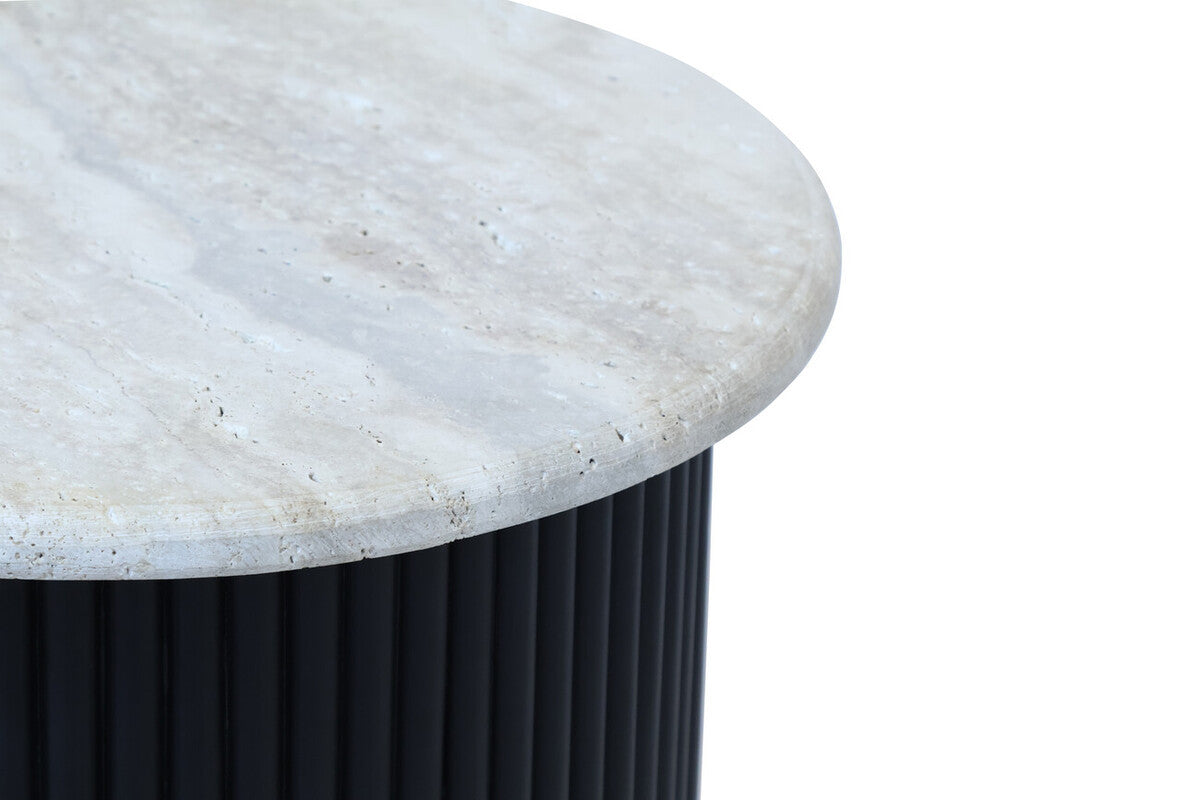 Travertine Top Side Table with Black Acacia Base – Sculptural Workspace Accent with Natural Texture