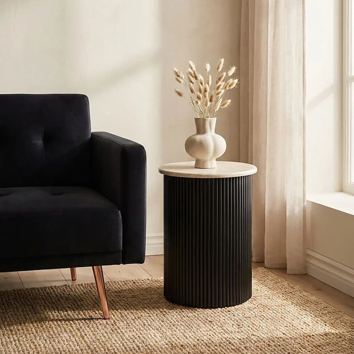 Travertine Top Side Table with Black Acacia Base – Sculptural Workspace Accent with Natural Texture