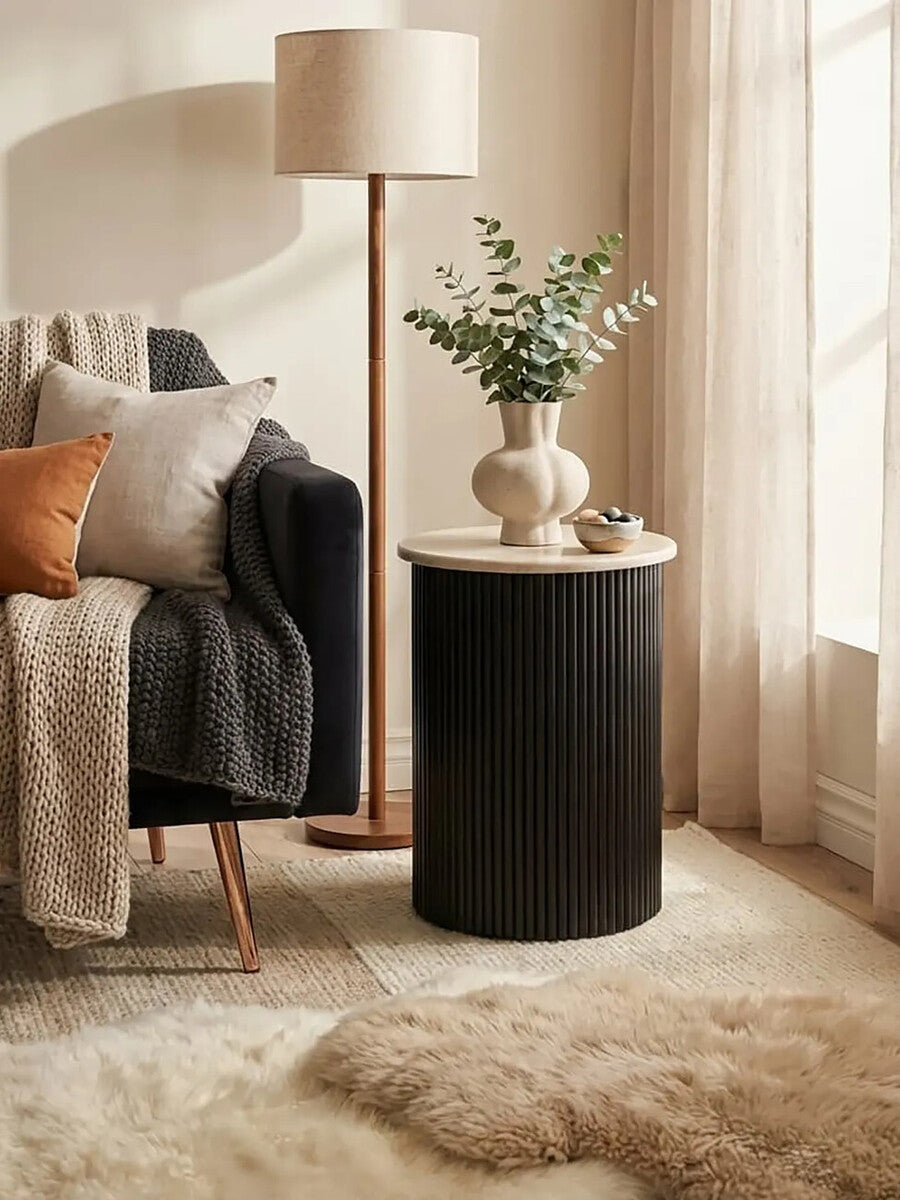 Travertine Top Side Table with Black Acacia Base – Sculptural Workspace Accent with Natural Texture
