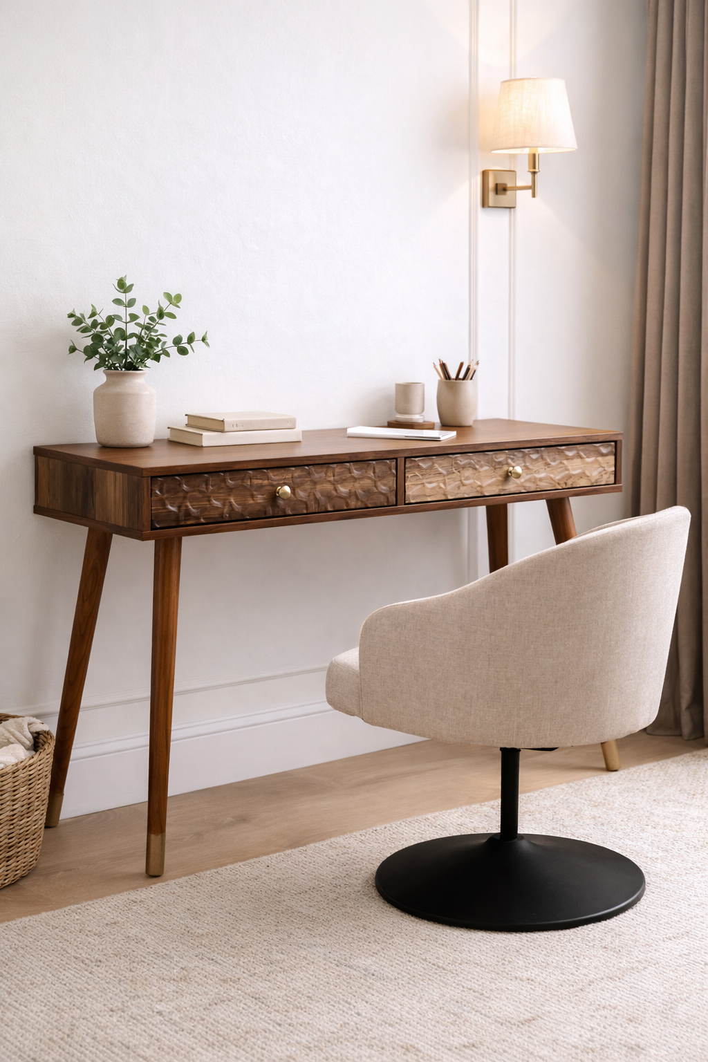 Frida Slim Wood Veneer Console Desk with Drawers – Compact Workspace Desk with Tapered Legs