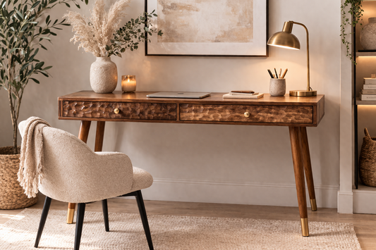 Frida Slim Wood Veneer Console Desk with Drawers – Compact Workspace Desk with Tapered Legs
