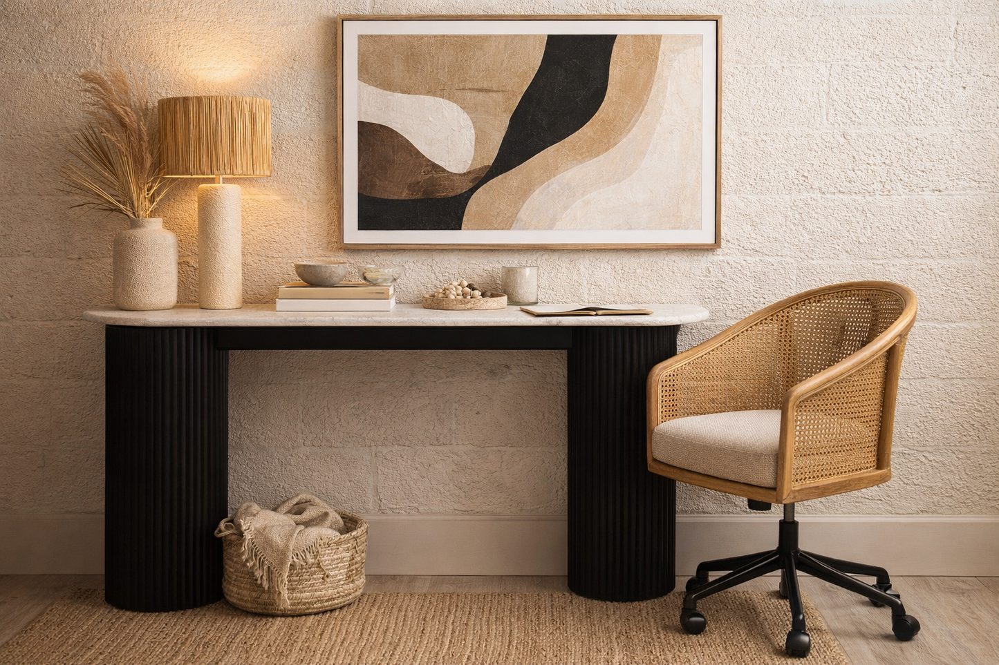 Travertine Top Console Table for Workspace – Modern Stone Console Table with Black Wood Legs