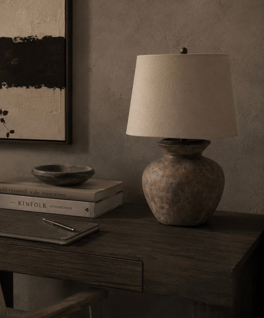 Siena Brown Round Desk Lamp With Linen Shade