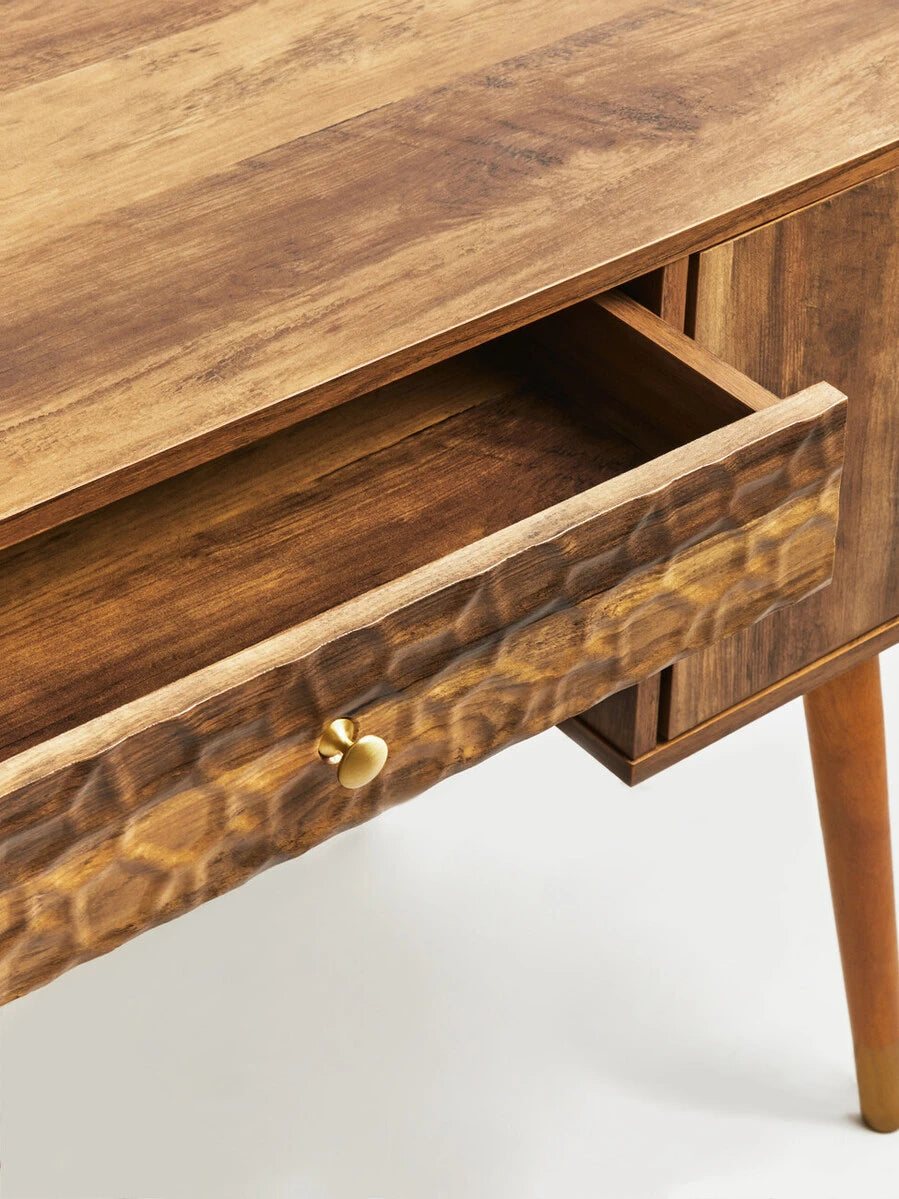 Frida Wood Veneer Desk with Drawer & Concealed Storage – Warm Minimal Workspace Desk with Gold Accents