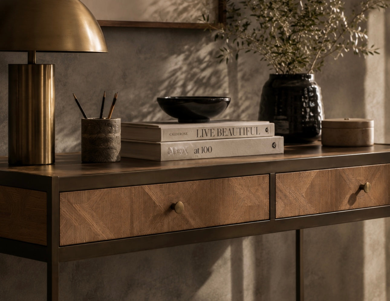 Oak Veneer Desk with Drawers – Modern Workspace Desk with Brass-Accented Steel Frame