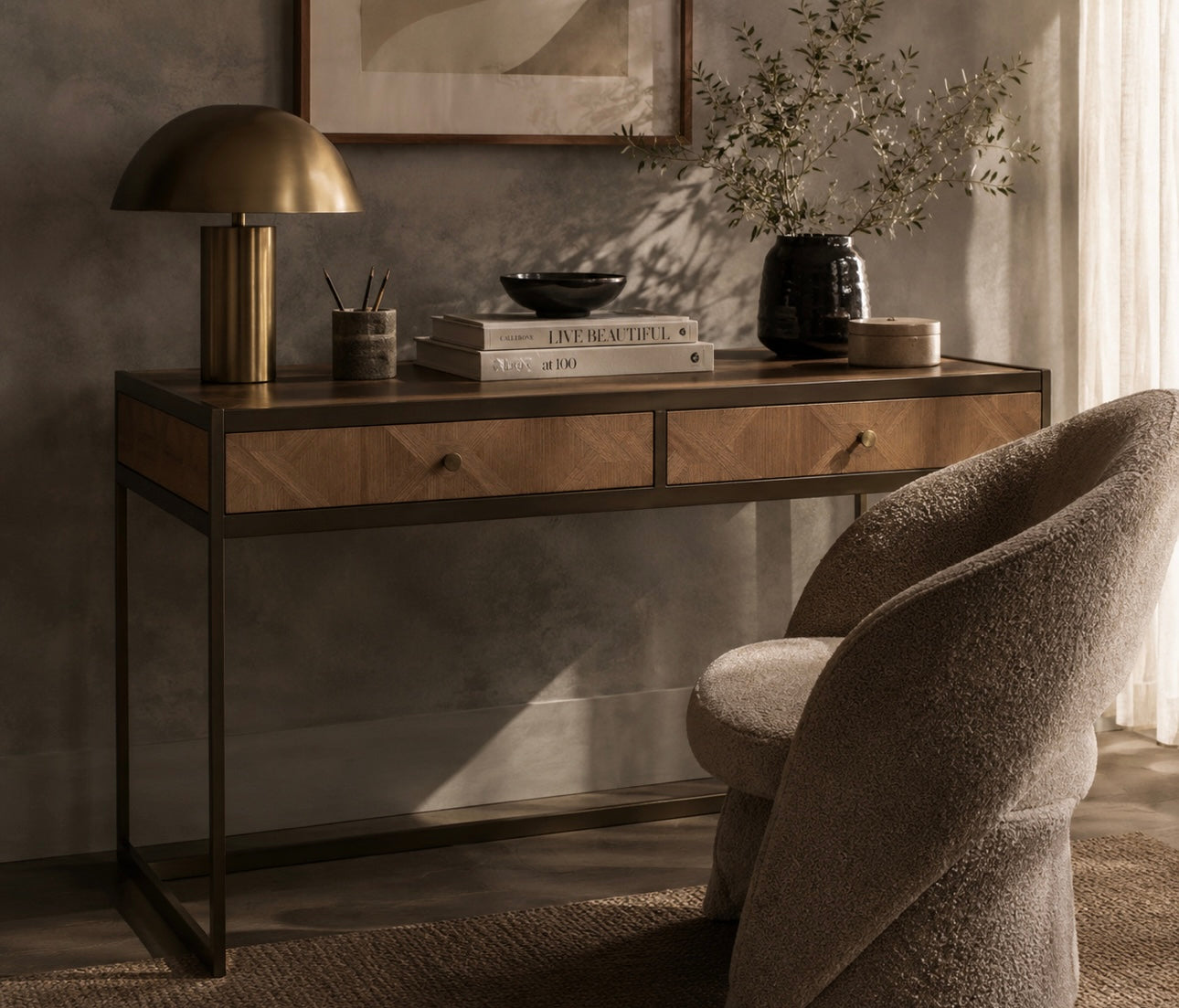 Oak Veneer Desk with Drawers – Modern Workspace Desk with Brass-Accented Steel Frame