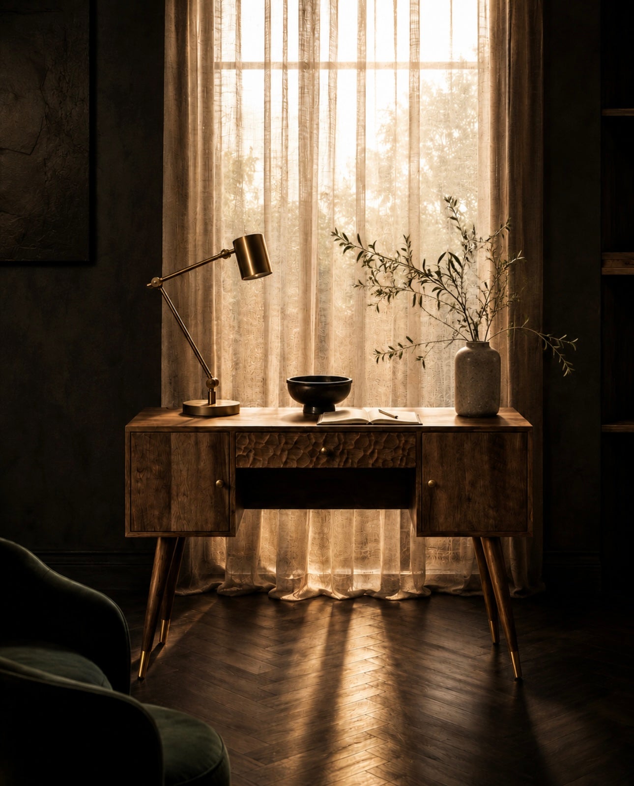Frida Wood Veneer Desk with Drawer & Concealed Storage – Warm Minimal Workspace Desk with Gold Accents