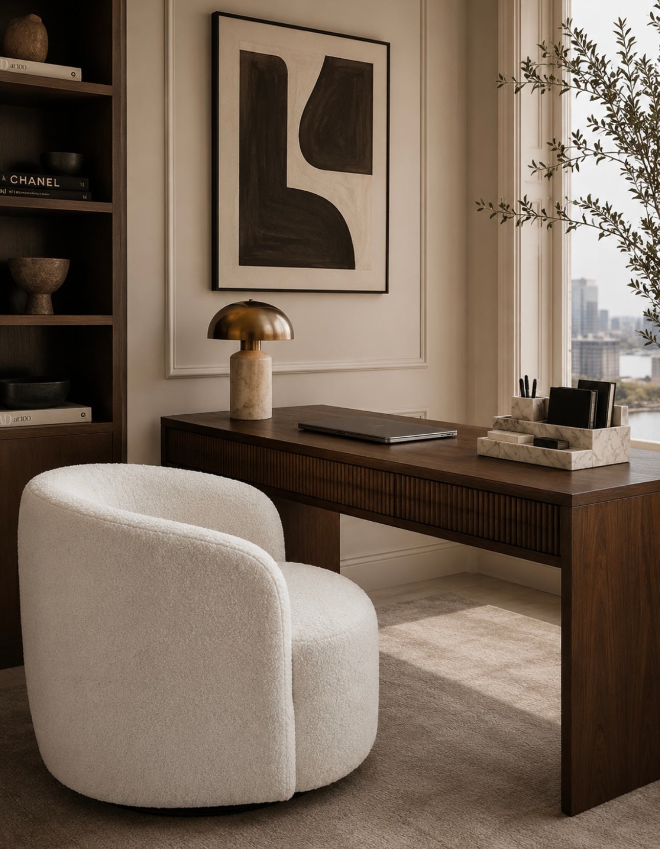 Montreal Ivory Boucle Effect Curved Lounge Chair With Swivel Base