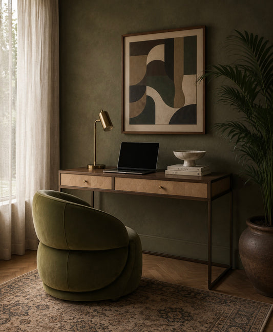 Oak Veneer Desk with Brass-Accented Steel Frame