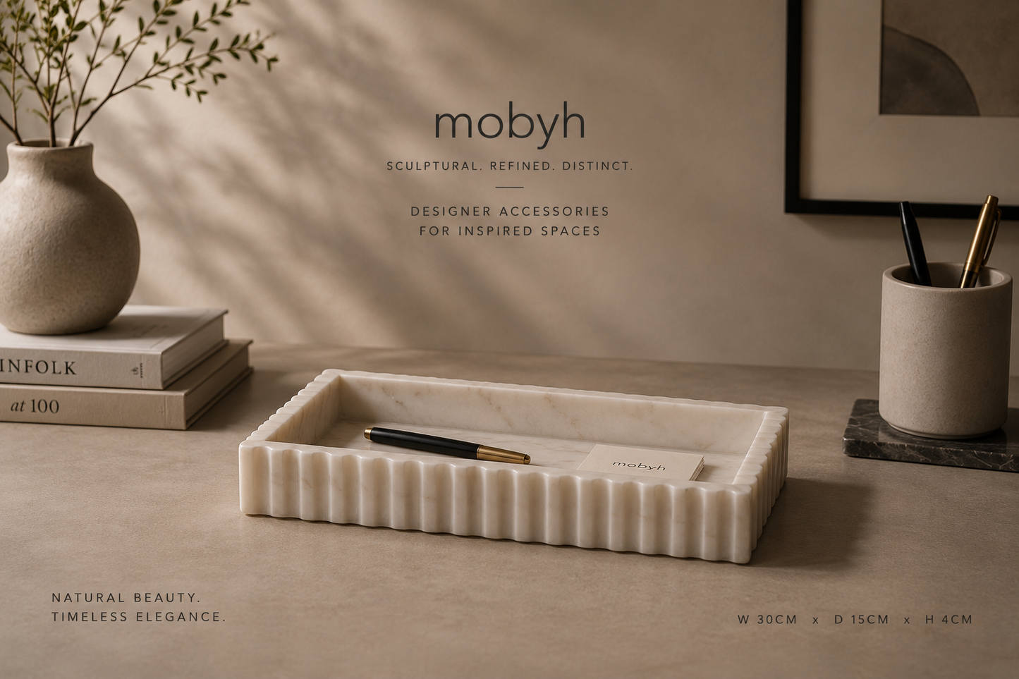 Savio White Fluted Marble Desk Organiser Tray – Sculptural Workspace Storage with Natural Veining