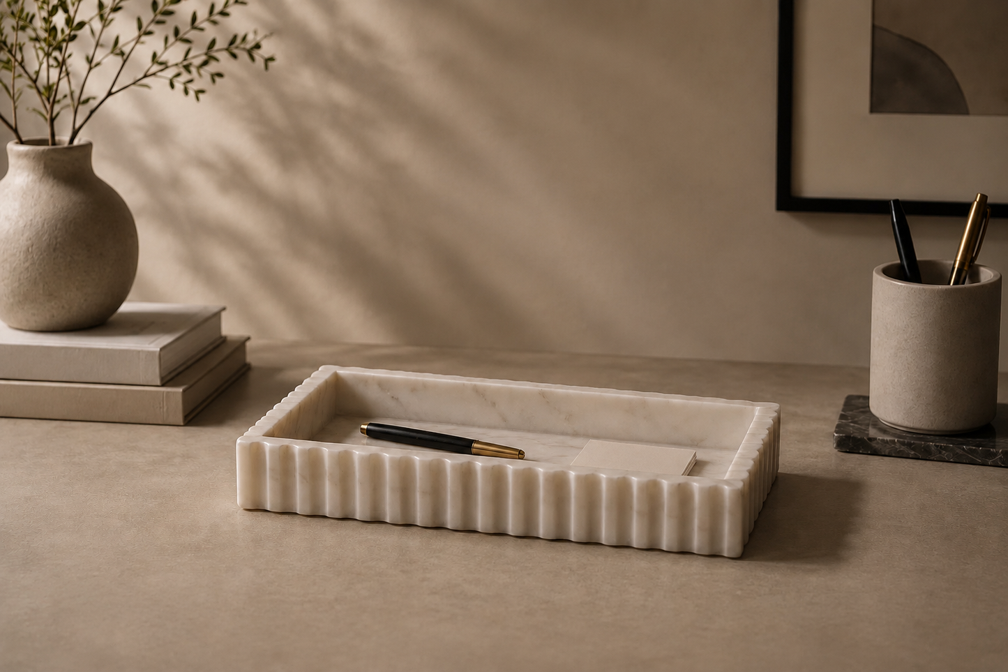 Savio White Fluted Marble Desk Organiser Tray – Sculptural Workspace Storage with Natural Veining
