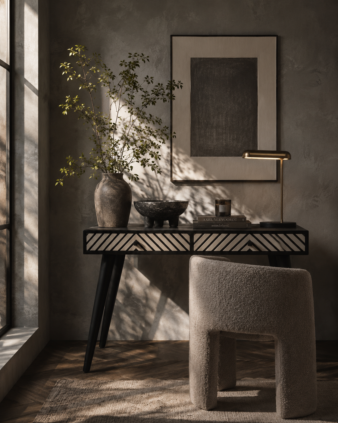 Black & White Acacia Wood Console Desk with Drawers – Contrast-Led Workspace Desk with Handcrafted Detail