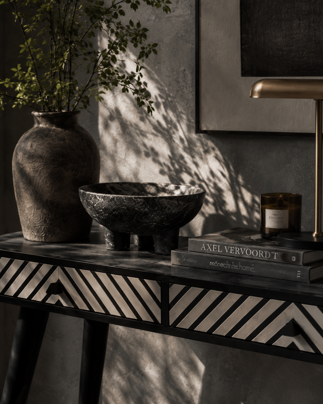Black & White Acacia Wood Console Desk with Drawers – Contrast-Led Workspace Desk with Handcrafted Detail
