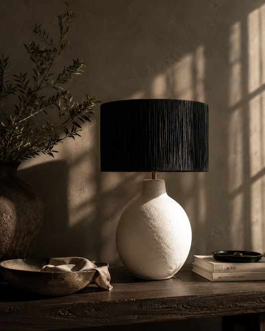 Carta White Papier Mache Table Lamp With Black Raffia Shade